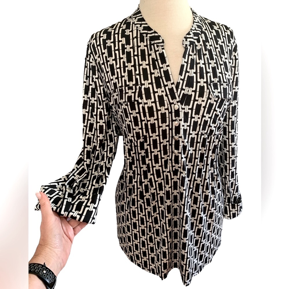 COCOMO XL Black White 3/4 sleeve women’s Pintuck Blouse tunic top shirt - Picture 6 of 15